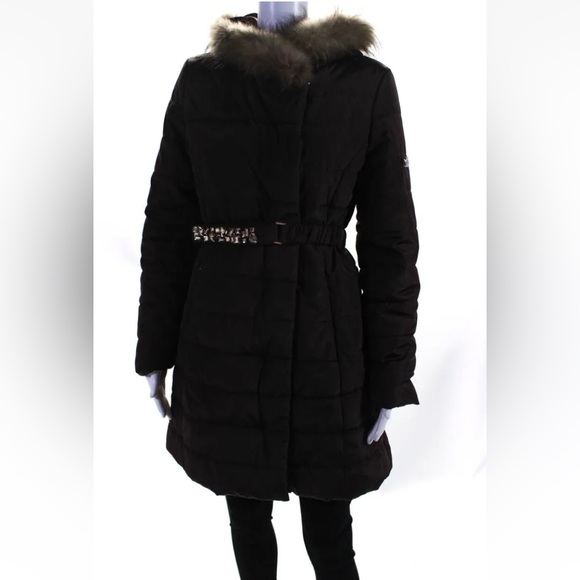 Fracomina brown puffer jeweled belt raccoon fur trim coat parka